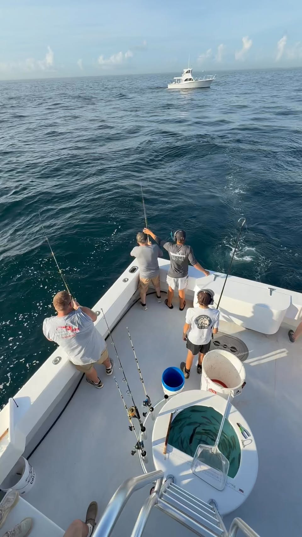 View from the flybridge of anglers fishing off the stern in golden morning light, livewell full of bait in the foreground